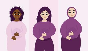 Set of diverse pregnant women waiting for childbirth. African, american and muslim mother expecting baby. vector