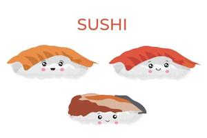 Sushi in the style of kawai, traditional Japanese food. Asian seafood group. Template for sushi restaurant, cafe, delivery vector