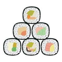 Vector icon set of yummy colored sushi rolls. Collection of different flavours and kinds. Traditional Japanese food. Asian seafood group. Template for sushi restaurant, cafe, delivery or your business