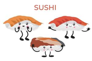 sushi al estilo de kawai, comida tradicional japonesa. grupo de mariscos asiáticos. plantilla para restaurante de sushi, cafetería, entrega vector