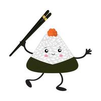 ilustración vectorial de onigiri al estilo de kawaii. comida rápida japonesa hecha de arroz con un relleno en forma de triángulo de alga nori. vector