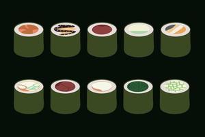 un conjunto de iconos vectoriales de deliciosos rollos de sushi de colores. cocina tradicional japonesa. grupo de mariscos asiáticos. estilo plano vector