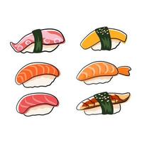 un delicioso set de nigiri sushi con salmón, atún, gambas, pulpo, anguila y tortilla. vector