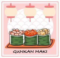 Gunkan sushi set, maki rolls with shrimp, salmon roe and eel. Japanese menu vector illustration.