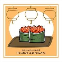 un juego de sushi gunkan maki con huevas de salmón. Ilustración de ikura gunkan con antecedentes auténticos. vector