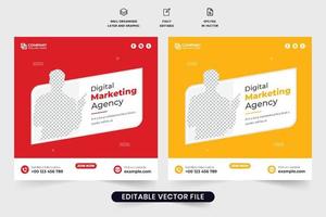 Digital marketing social media post vector with red and yellow colors. Business marketing promotional web banner design with creative shapes. Business advertisement poster template vector.
