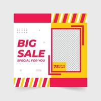 Mega sale social media post template with yellow and red colors. Shop promotion and sale discount web banner design for marketing. Fashion sale advertisement poster design with photo placeholders. vector