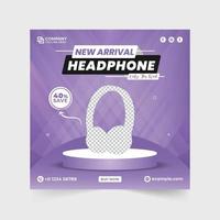 diseño moderno de publicación de auriculares en medios sociales con fondo morado y verde. vector de plantilla de promoción de marca de auriculares inalámbricos. diseño de banner web de venta de auriculares para marketing digital.