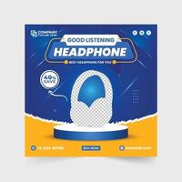 Special headphone promotional web banner design with abstract shapes and lens flare. Headphone business advertisement poster design with blue and green colors. Headphone brand promotion template. vector