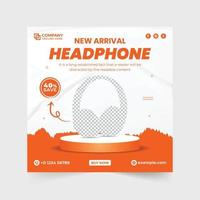 New arrival headphone sale template for social media promotion. Headphone template design with orange and red colors for marketing. Headphone brand promotion web banner design with abstract shapes. vector