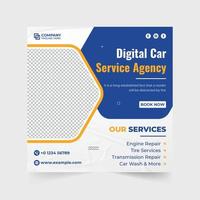 Automobile repair service social media post design for business promotion. Car repair and maintenance service template vector with yellow and blue colors. Vehicle management and cleaning service.