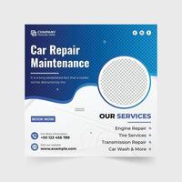 Car repair social media post vector for business promotion. Car maintenance service promotional web banner design with photo placeholders. Vehicle cleaning service template for social media marketing.