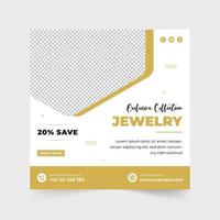 Modern jewelry shop social media post vector for digital marketing. Fashion jewelry and ornament sale discount template with golden and dark colors. Exclusive jewelry promotional web banner vector.