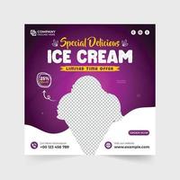 diseño especial de afiches de promoción de helados para marketing digital. plantilla de descuento de venta de helados y postres con colores púrpura y verde. vector de publicación de redes sociales de helado con formas abstractas.