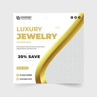 Jewelry social media post vector with golden and dark colors. Ornaments business promotional web banner design for social media marketing. Jewelry store discount poster design for online shopping.