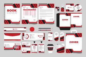 Corporate brand identity template design with abstract shapes. Business brand promotional layout vector with dark and red colors. Business and office stationery template bundle for marketing.