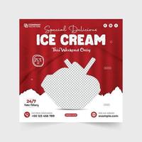 Delicious ice cream sale discount template design for social media promotion. Tasty scoop ice cream advertisement web banner vector with red and green colors. Ice cream business social media post.