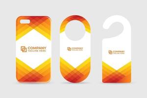 Creative brand identity template collection with a phone case and door hangers. Business promotional design with orange and yellow colors. Office stationery template bundle for advertisement. vector