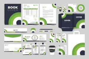 diseño de plantilla de identidad de marca creativa con colores verdes y oscuros. colección de plantillas de promoción de negocios corporativos para la marca. diseño de juegos de papelería de oficina de negocios para publicidad de marketing. vector