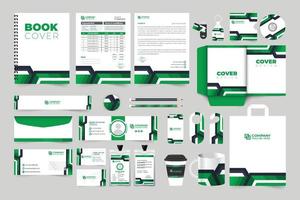 Corporate company identity template collection for brand promotion. Green and dark color business stationery design with creative geometric shapes. Brand identity banner and envelope design. vector