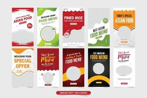 deliciosa colección de plantillas de historias de redes sociales de menú de comida con colores rojo y verde. Diseño especial de banners web promocionales de alimentos con formas abstractas. paquete de plantillas de anuncios de restaurantes. vector