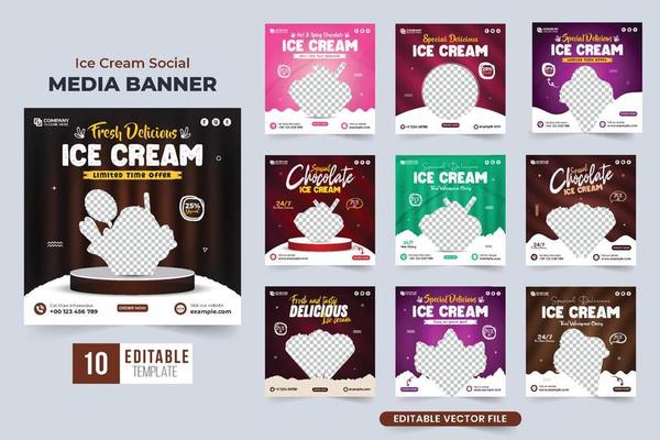 Special ice cream discount offer template collection for digital marketing. Ice cream and dessert social media post set vector with dark and green colors. Ice cream business template bundle design.
