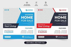 Real estate home selling business social media post vector with blue and dark colors. Modern home sale promotional web banner design with photo placeholders. Property management agency template.
