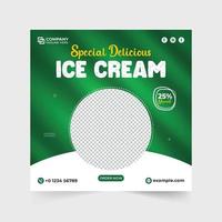 vector de publicación de redes sociales de venta de helados con fondos rojos y verdes. diseño de banner web promocional de helado simple para marketing. delicioso vector de cartel de comida y helado con marcadores de posición de fotos