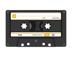 Cassette with retro label for 80s revival ribbon design, party poster or cover. Vector illustration.