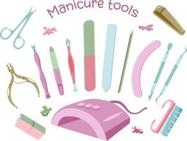 Manicure set of tools and equipment pastel coloured flat style isolated on white background vector