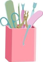 Manicure set of tools in pink holder pastel coloured flat style isolated on white background vector