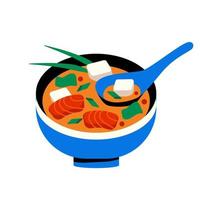 sopa de miso de comida asiática. plato japonés con nori, pescado y tofu en un bol azul. comida tradicional vector