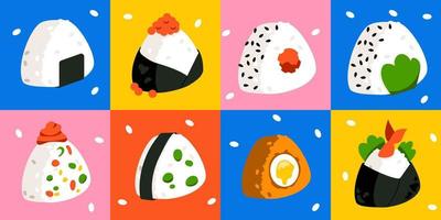 un conjunto de onigiri. comida asiática de arroz. comida rápida japonesa. onigiri con varios rellenos vector