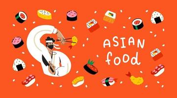 Japanese cook Asian food. Asian chef cooks Asian fish food. Sushi preparation vector