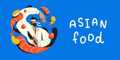 Japanese cook Asian food. Asian chef cooks Asian fish food. Sushi preparation vector
