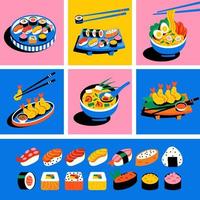 un conjunto de platos asiáticos. comida asiática en platos con palillos chinos. sushi, sopa de miso, rollos vector