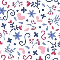 Seamless romantic pattern with hearts, flowers and berries in doddle style. Valentine's day, wedding, mother's day background. vector