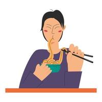 Young boy eats tasty Japanese popular food noodles with chopstick. Food concept. Vector stock illustration isolated on white background in flat style