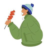 Happy young man in winter clothes eat tteokbokki on stick - korean national cake. Food concept. Vector stock illustration isolated on white background in flat style