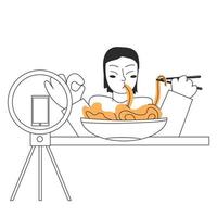 A young man is filming a broadcast of eating ramen mukbang noodles korean culture. Food concept. Vector stock illustration isolated on white background in flat style