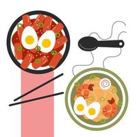 ilustración conceptual con vista de remolque de tteokbokki y ramen. cocina asiática tradicional. ilustración de stock vectorial aislada sobre fondo blanco. estilo plano vector