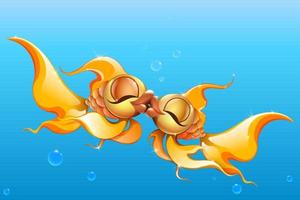 Couple of cartoon gold fish kissing with bubbles underwater. Valentine's day card. vector