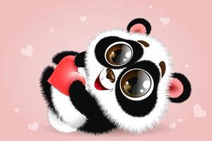 Cute fluffy cartoon little Panda laying on the back with red heart in his paws vector