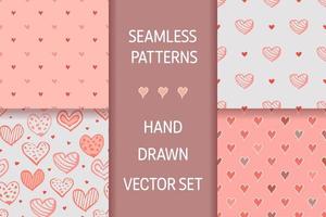 Set seamless patterns with hand-drawn hearts in boho style. Vector romantic background. Great for fabric, textile, apparel.