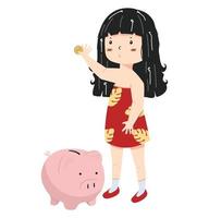 Kid girl putting coin a Piggy bank vector