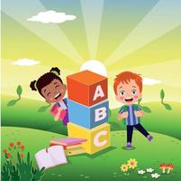 ilustración vectorial de niños lindos con bloques abc, letras abc vector