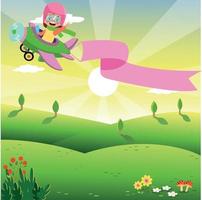 Little pilot kids on airplane with white and pink blank banner vector