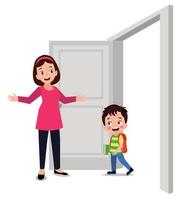 madre dando la bienvenida a su hijo en la puerta vector