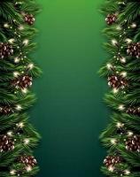 Fir Branch with Neon Lights and Pine Cone on Green Background. Merry Christmas. Happy New Year. vector