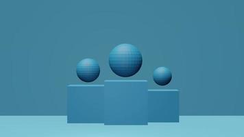 figuras de cubo azul con bolas, pedestal conceptual con espacio de copia 3d renderizado video